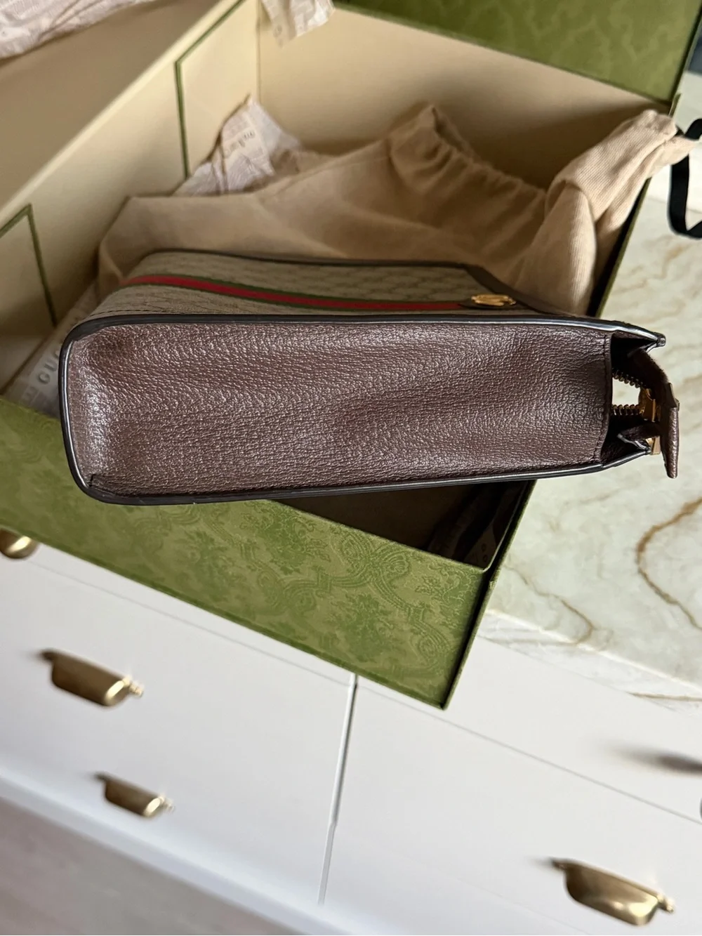 Gucci Brown GG Supreme Canvas Toiletry Bag with Green-Red Web